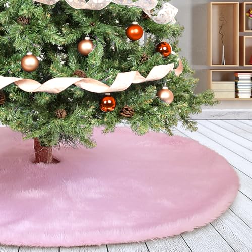 Pink Plush Christmas Tree Skirt 30 Inch Faux Fur Holiday Decor - Amidaky