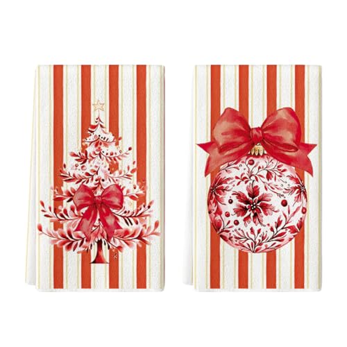 Christmas Kitchen Towels Set - Red Stripe Xmas Tree 18x26 Inches Farmhouse Decor