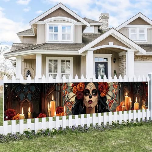 BlissYard Day of the Dead Fence Banner Sugar Skull Decor 118x20 In
