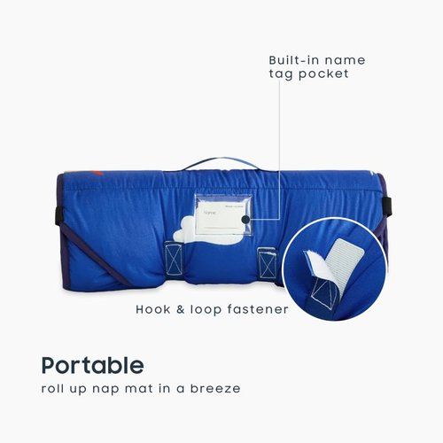 Wake In Cloud - Cot Nap Mat with Pillow and Blanket, for Toddler Kids Boys Girls in Daycare Kindergarten Preschool Pre K with Elastic Corner Straps, Cars Vehicles Trains Airplanes, Blue White