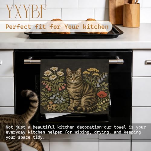 Vintage Floral Tabby Cat Kitchen Towels - 16x24 Inches, Artistic Design