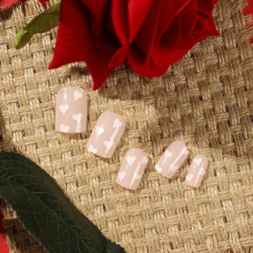 Valentine's Day Press On Nails Short Square Nude Fake Nails Heart Art