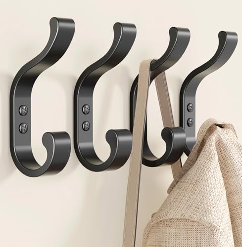 Bussdis Heavy Duty Wall-Mounted Coat Hooks - Black, 4 Pack Dual Hooks