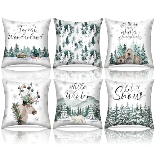 Wonderland Christmas Pillow Covers Set of 6 - 18x18 Inch Winter Decor