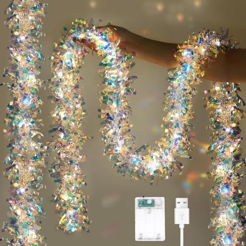 Lighted Christmas Tinsel Garland 2 Pack - Iridescent Metallic Foil Streamers with Lights