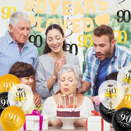 90th Birthday Decorations Set - Gold Banner, Balloons & Swirls