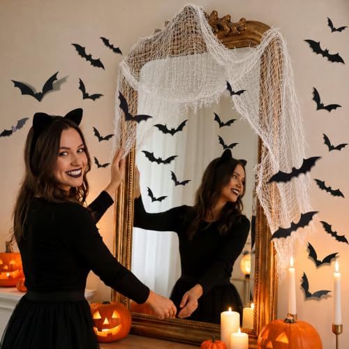 Sosation Halloween Mirror Decor Set with Spider Web and Bats