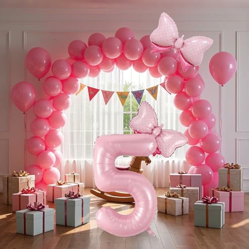 40-Inch Pink Number 5 Balloon with Bow for Girls' Birthday
