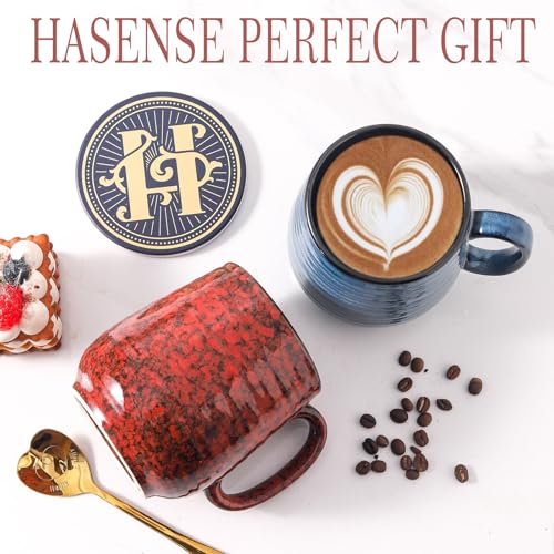 Blue & Red Ceramic Coffee Mug Set of 2 - 20 Oz Large Latte Cups with Handle, Gift Box & Coaster & Gold Spoon - Holiday Gift