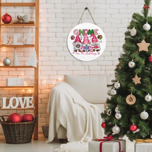 Pink Gnomes Christmas Wooden Sign 12x12 Inches - Indoor Rustic Holiday Decor