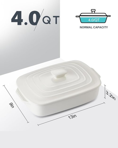 Large Ceramic Casserole Dish - 4.0 Quart Stoneware Baking Dish with Lid | 9x13 Inch Lasagna Pan in White