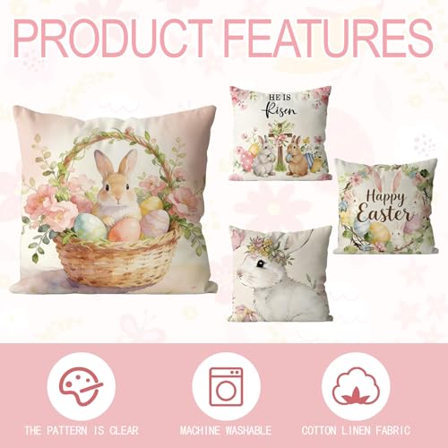 Easter Pillow Covers Set of 4 - 18x18 Inch Bunny & Egg Designs
