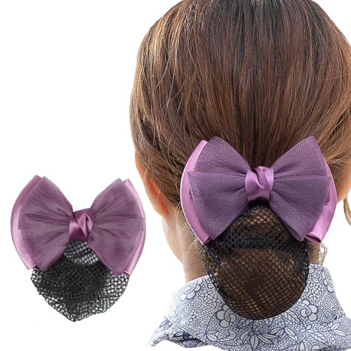 QUUPY Purple Bow Hair Net Barrette, Polyester Mesh Bun Cover Clip