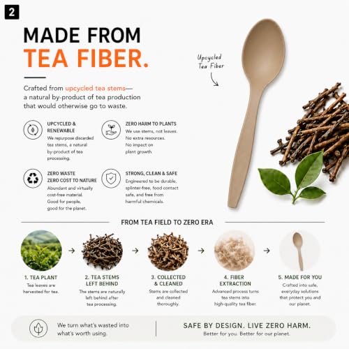Zero Era Compostable Disposable Spoon, 10 Count - Eco-Friendly Tea Fiber Cutlery