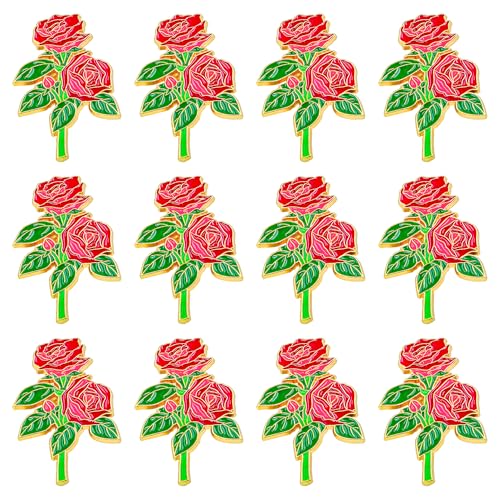 Red Rose Flower Enamel Lapel Pin - 12 Pack Metal Badge Brooch