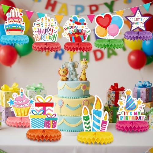 Colorful 9-Piece Birthday Table Decorations - Honeycomb Centerpieces