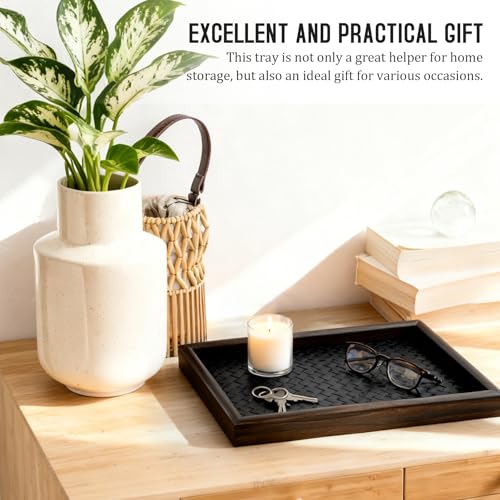 Wooden Valet Tray Desk Organizer with Leather Base - Multi-Purpose Storage for Jewelry, Wallets, Keys & More