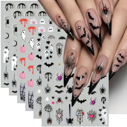 Halloween Nail Stickers 6 Sheets Bat Spider Web Decals for DIY Manicure