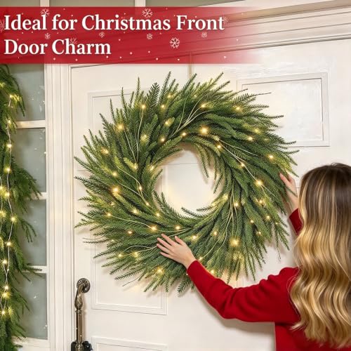 24-Inch Pre-Lit Christmas Wreath with 50 LED Lights for Front Door