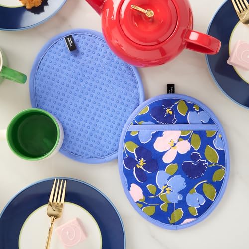 Kate Spade New York Painterly Bouquet Pot Holder 2-Pack Set, Heat Resistant, 100% Cotton with Printed Non-Slip Silicone Grip, Blue/Green/Rose, 8"X10"