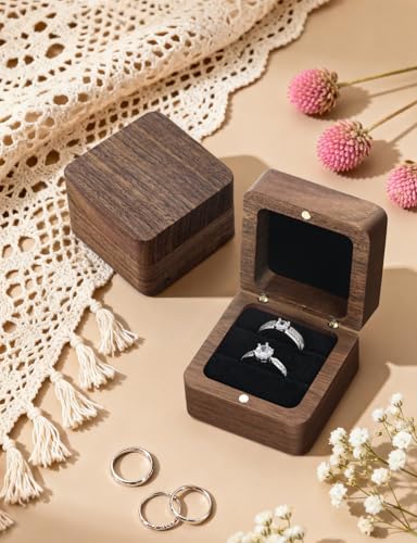 Black Wooden Ring Box - 2 Slot Square Engagement Ring Holder Case