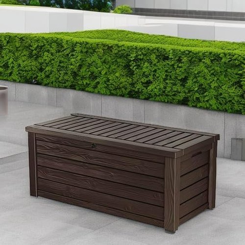 Keter Westwood 150 Gallon Deck Box - Large Brown Outdoor Storage & 2-Person Bench Seat with Lockable Lid