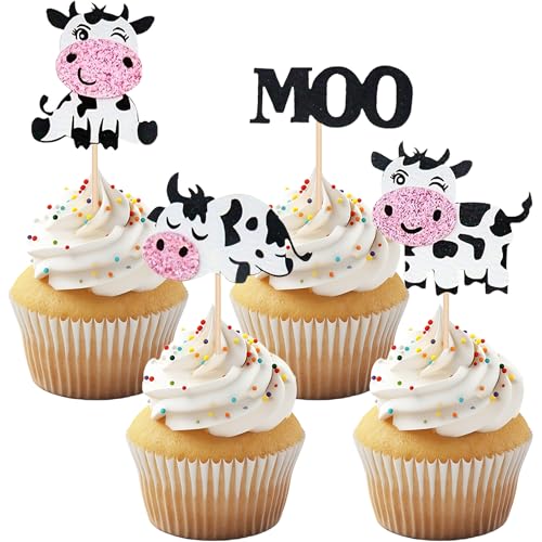 12PCS Cute Cow Cupcake Toppers Glitter Farm Animal Cake Decorations