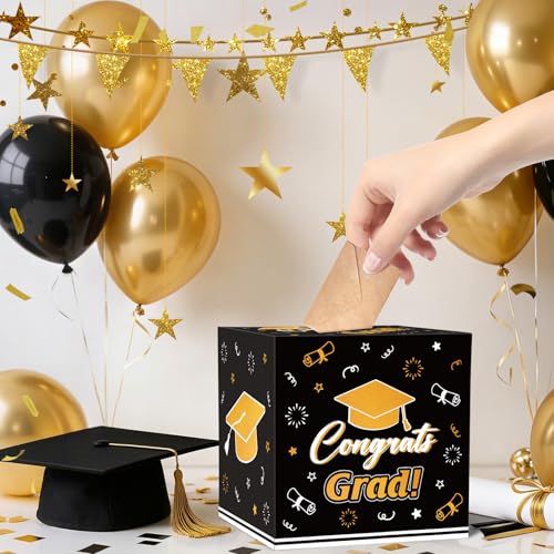 Lemicin Graduation Card Box Holder 2026 - Black & Gold Congrats Grad Party Decoration
