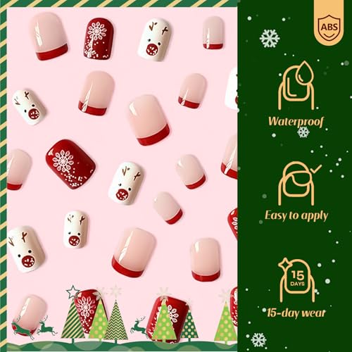 Christmas Press On Nails Short Square Red French Tip False Nails Kit