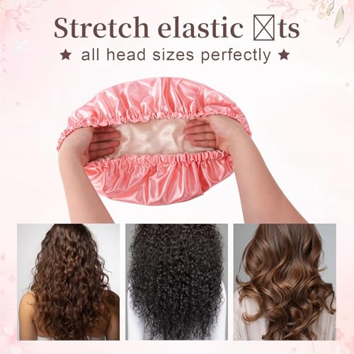Confvrter Satin Lined Shower Cap Waterproof for Curly Hair Peach Pink