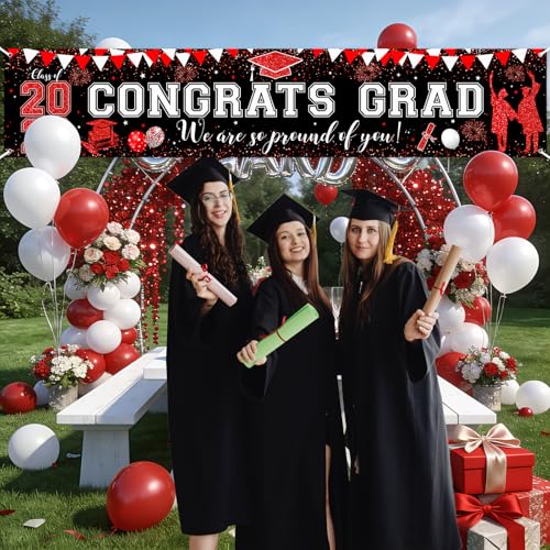 Large Red Black Graduation Banner - Class of 2026 Congrats Grad
