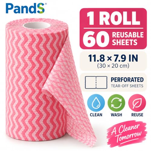 Pink Reusable Paper Towels Roll - Washable Kitchen Cleaning Wipes, 60 Sheets