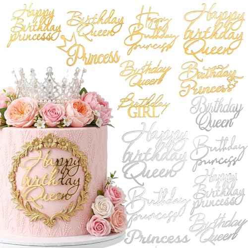 15Pcs Acrylic Happy Birthday Cake Toppers Gold and Silver Cupcake Decor