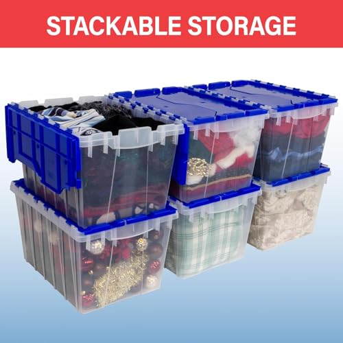 Stackable Plastic Storage Totes with Hinged Lids - 12 Gallon, Red/Green, 1-Pack