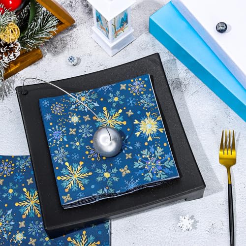 Winter Snowflake Paper Napkins - Blue Gold Xmas Disposable Napkins 6.5 x 6.5 Inch, 80 Pack