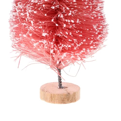 Mini Christmas Tree Set - 8 Pink Bottle Brush Trees with Snow & Wooden Base