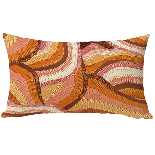 Boho Abstract Wave Lumbar Pillow Cover 12x20 - Orange Cotton Linen