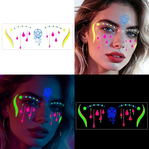 Konsait Glow in the Dark Face Temporary Tattoos 15 Sheets Neon Black Light