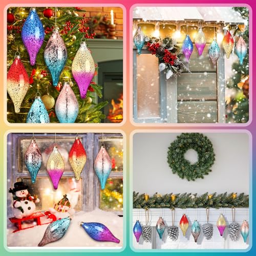 Colorful Neon Glass Christmas Ornaments Set - Mercury Glass Finials with Gradient Finish, 6 Pack