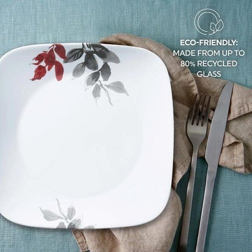 Corelle Kyoto Leaves Dinnerware Set - 16pc Service for 4 | Chip & Break Resistant, White