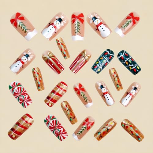 Christmas Press On Nails Medium Coffin Snowman False Nails 24Pcs