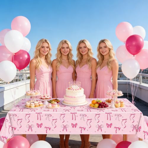 3 Pack Pink Bow Tablecloths - Waterproof Disposable Covers for Parties
