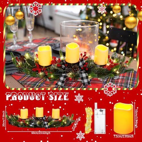 Christmas LED Candle Centerpiece with Pine Cones & Bows - Black & White Variation