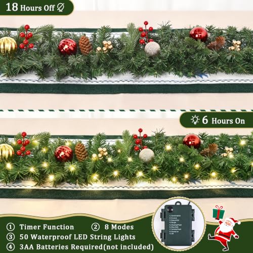 Prelit Christmas Garland with Lights - 9 FT Faux Evergreen Wreath with 50 LEDs, Berries & Pinecones, Indoor Decor, 1 Pack