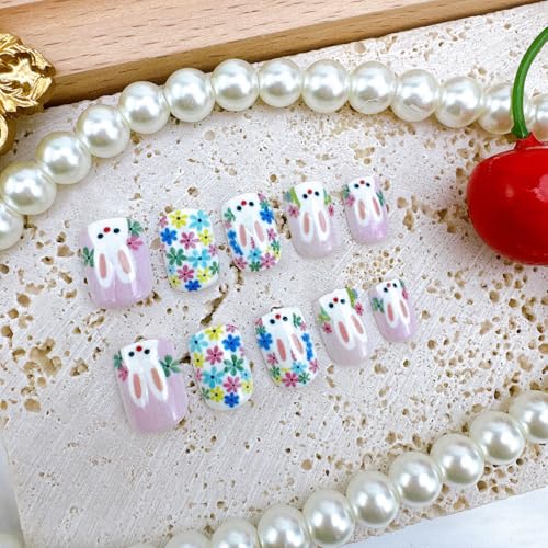 Easter Press on Nails Short Square False Nails with Cute Rabbit Flower