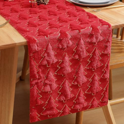 Christmas Quilted Plush Table Runner Red 13x37 Inches with Sequin Tree Design
