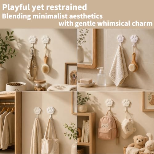 Cream White Paw Design Self-Adhesive Wall Hooks - No Drill, Damage-Free