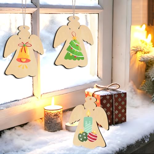 Wooden Angels Christmas Ornaments - Unfinished Wooden Angel Craft Set, 60 Pcs with Hemp Ropes - Angel Variation