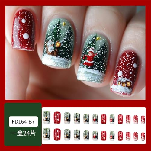 Christmas Press on Nails French Tip Short Square False Nails Winter Art