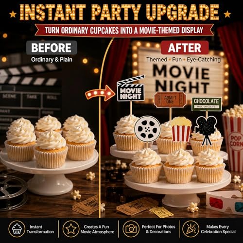 Movie Night Cupcake Toppers - 12PCS Glitter Decorations